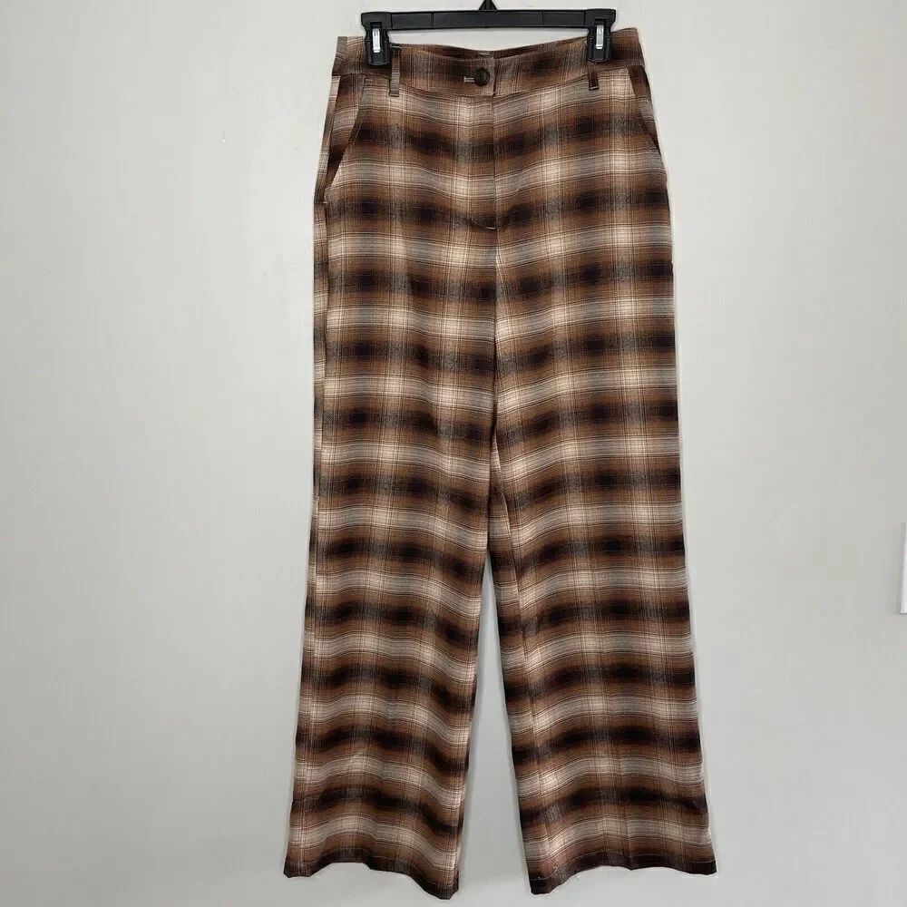 C&A Clockhouse Pants Womens 40 Brown Plaid Trousers NEW Straight Wide Leg 28" W - Picture 1 of 10